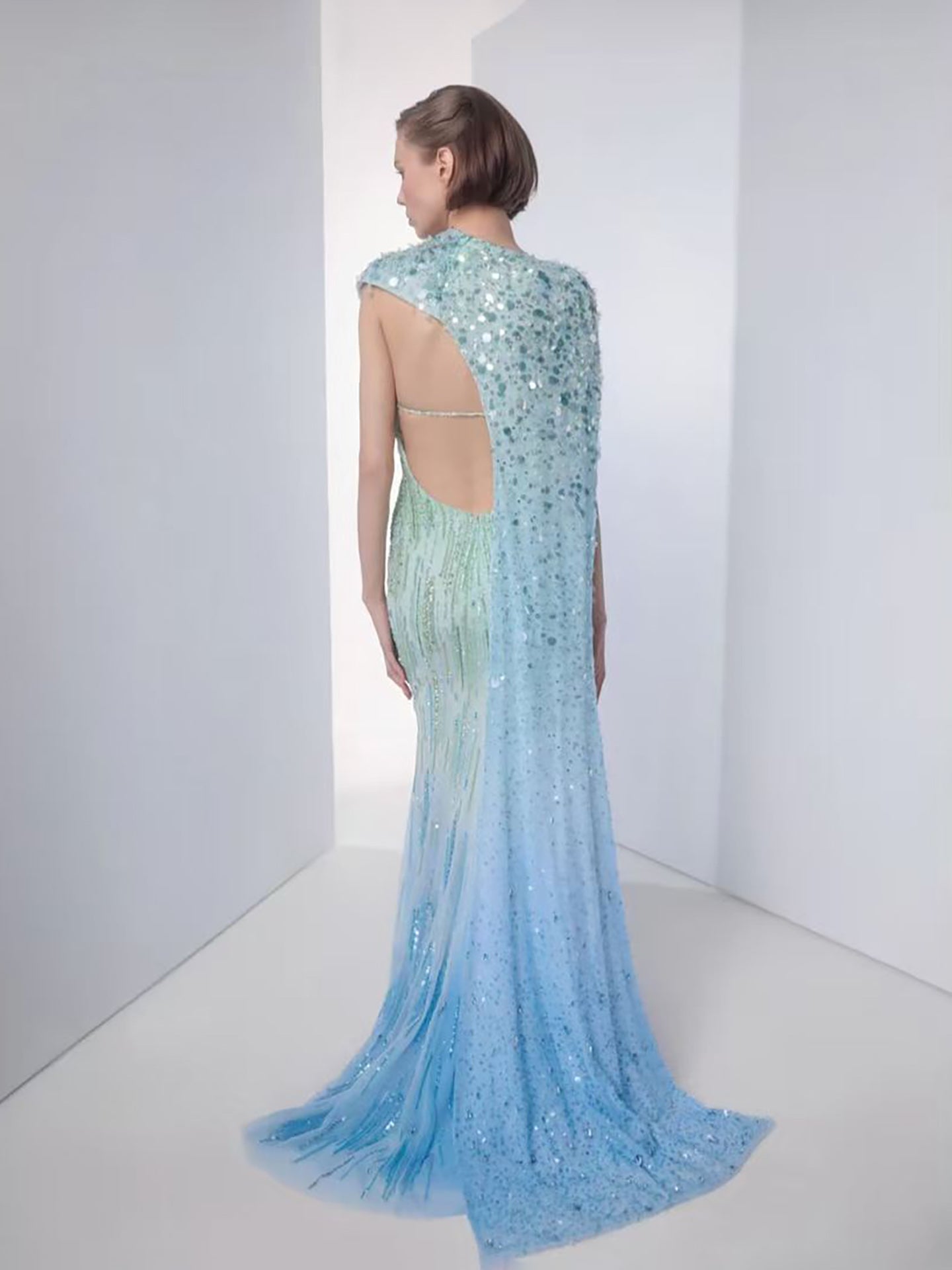 Luxury Blue One Shoulder Ombre Beaded Backless Mermaid Dress LA73845 SERENE HILL