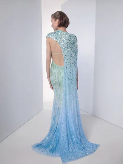Luxury Blue One Shoulder Ombre Beaded Backless Mermaid Dress LA73845 SERENE HILL