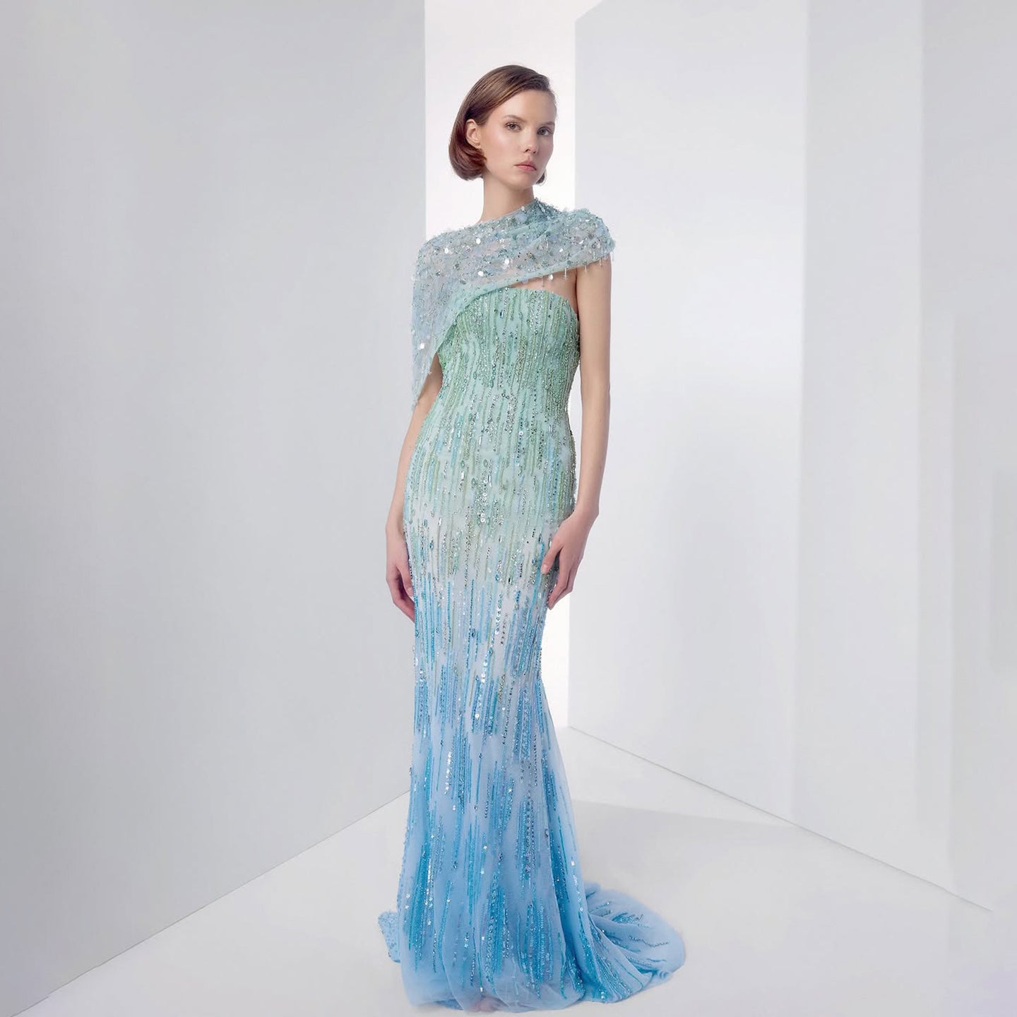 Luxury Blue One Shoulder Ombre Beaded Backless Mermaid Dress LA73845 SERENE HILL