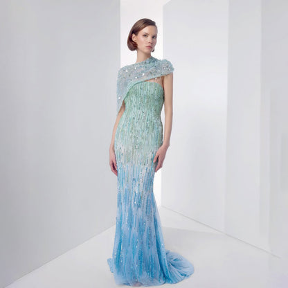 Luxury Blue One Shoulder Ombre Beaded Backless Mermaid Dress LA73845 SERENE HILL