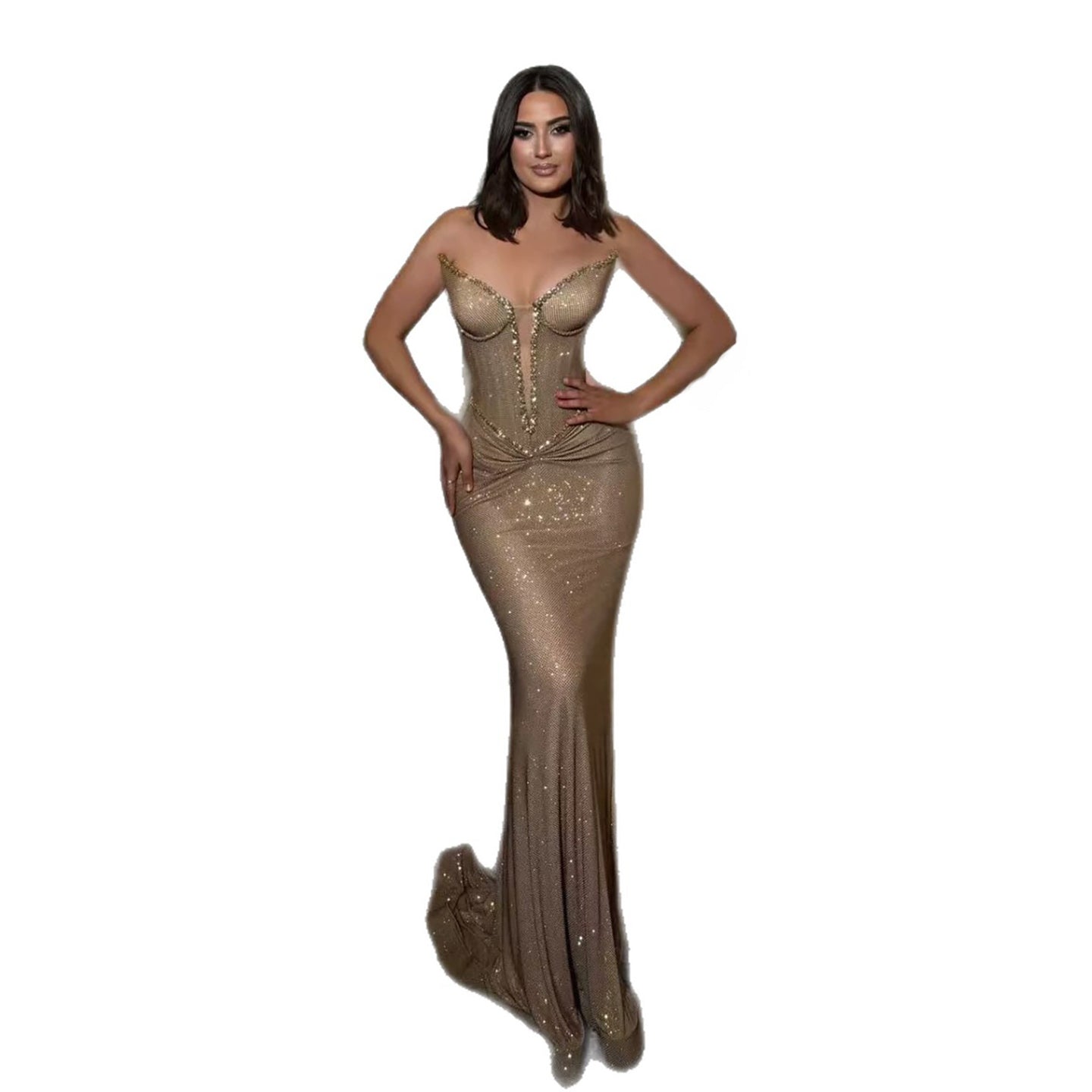 Luxury Gold Plunging Sweetheart Ruched Fitted Mermaid Dress LA73846 SERENE HILL