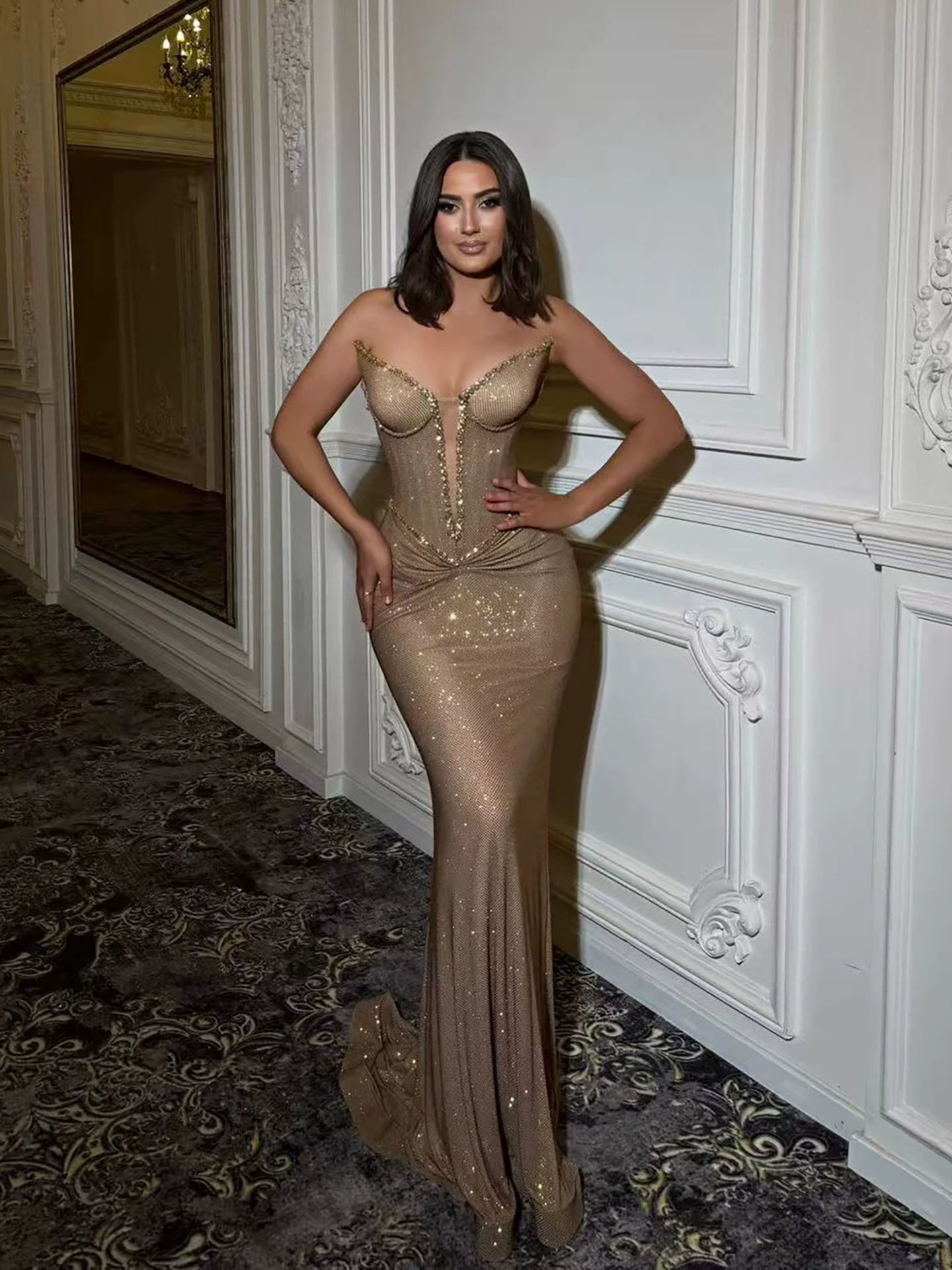 Luxury Gold Plunging Sweetheart Ruched Fitted Mermaid Dress LA73846 SERENE HILL