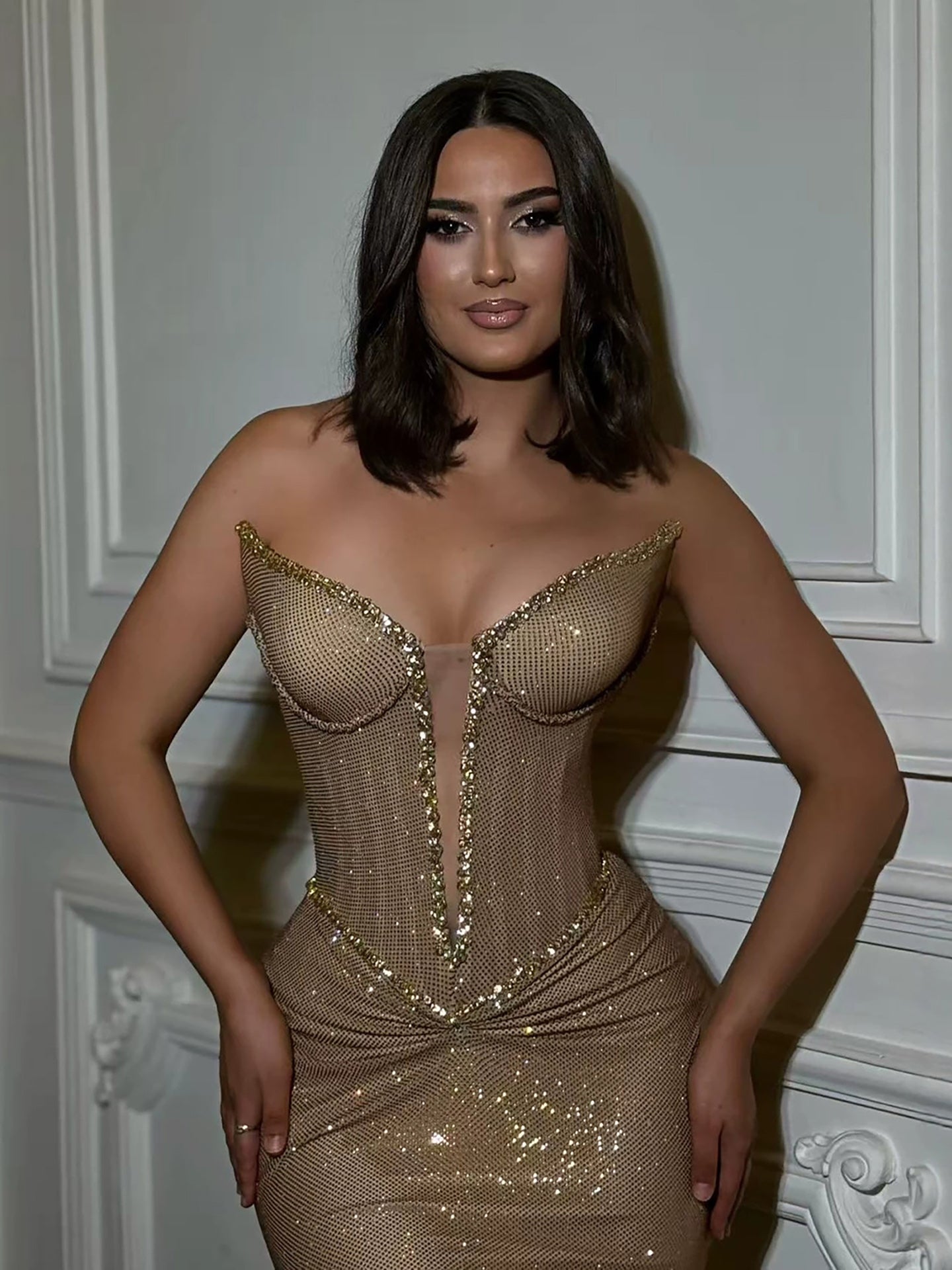 Luxury Gold Plunging Sweetheart Ruched Fitted Mermaid Dress LA73846 SERENE HILL