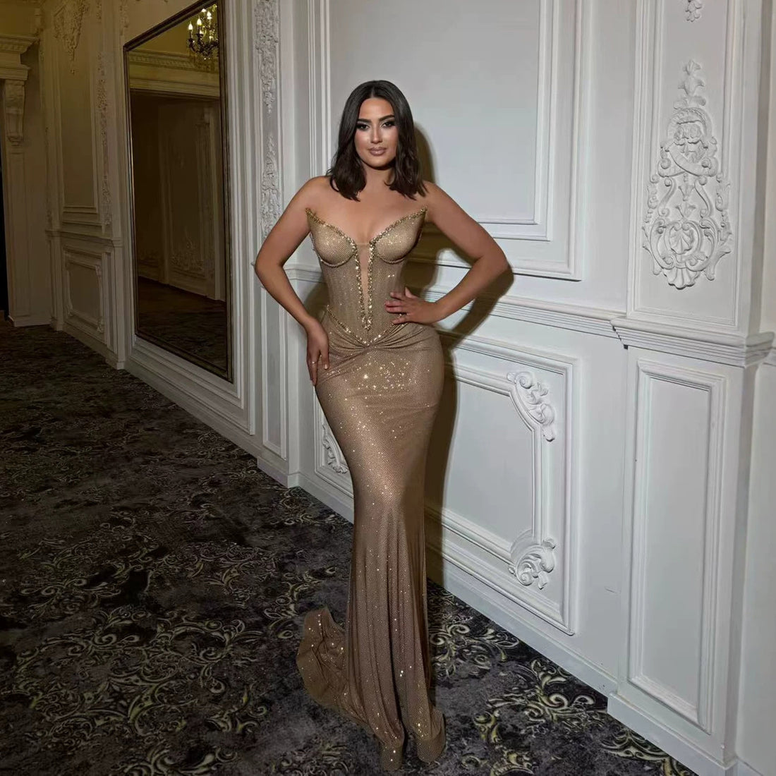 Luxury Gold Plunging Sweetheart Ruched Fitted Mermaid Dress LA73846 SERENE HILL