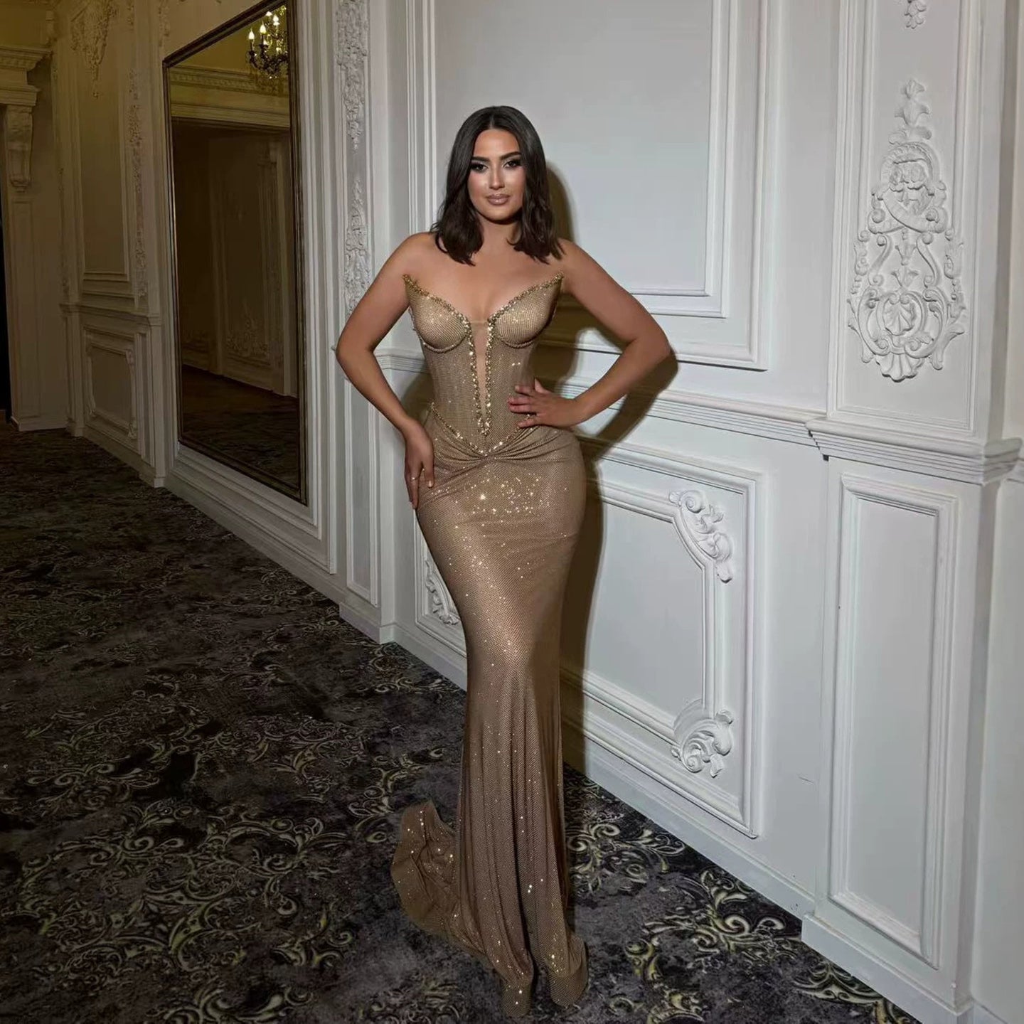 Luxury Gold Plunging Sweetheart Ruched Fitted Mermaid Dress LA73846 SERENE HILL