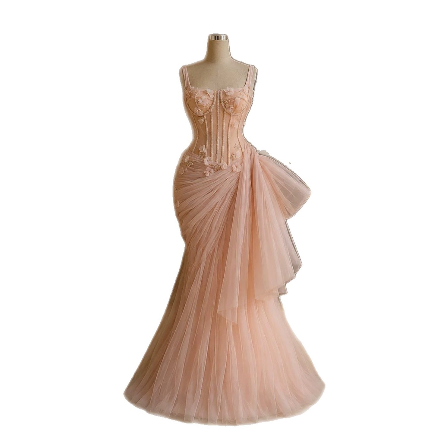 Luxury Pink Square Neck 3D Floral Asymmetric Draped Mermaid Dress LA73847 SERENE HILL