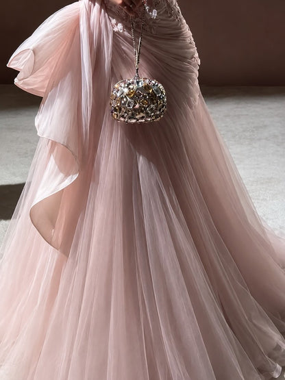 Luxury Pink Square Neck 3D Floral Asymmetric Draped Mermaid Dress LA73847 SERENE HILL