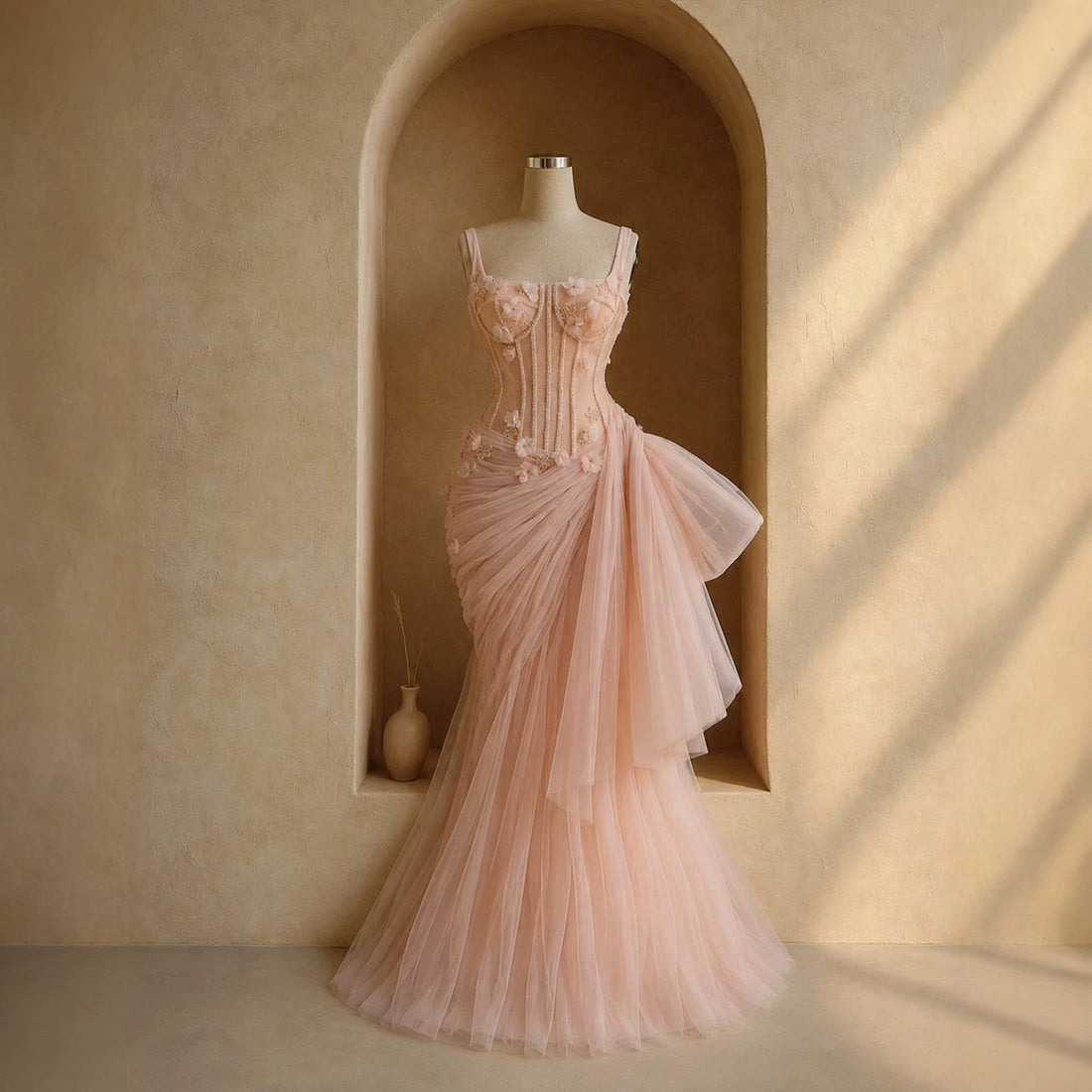 Luxury Pink Square Neck 3D Floral Asymmetric Draped Mermaid Dress LA73847 SERENE HILL