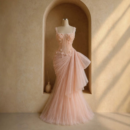 Luxury Pink Square Neck 3D Floral Asymmetric Draped Mermaid Dress LA73847 SERENE HILL