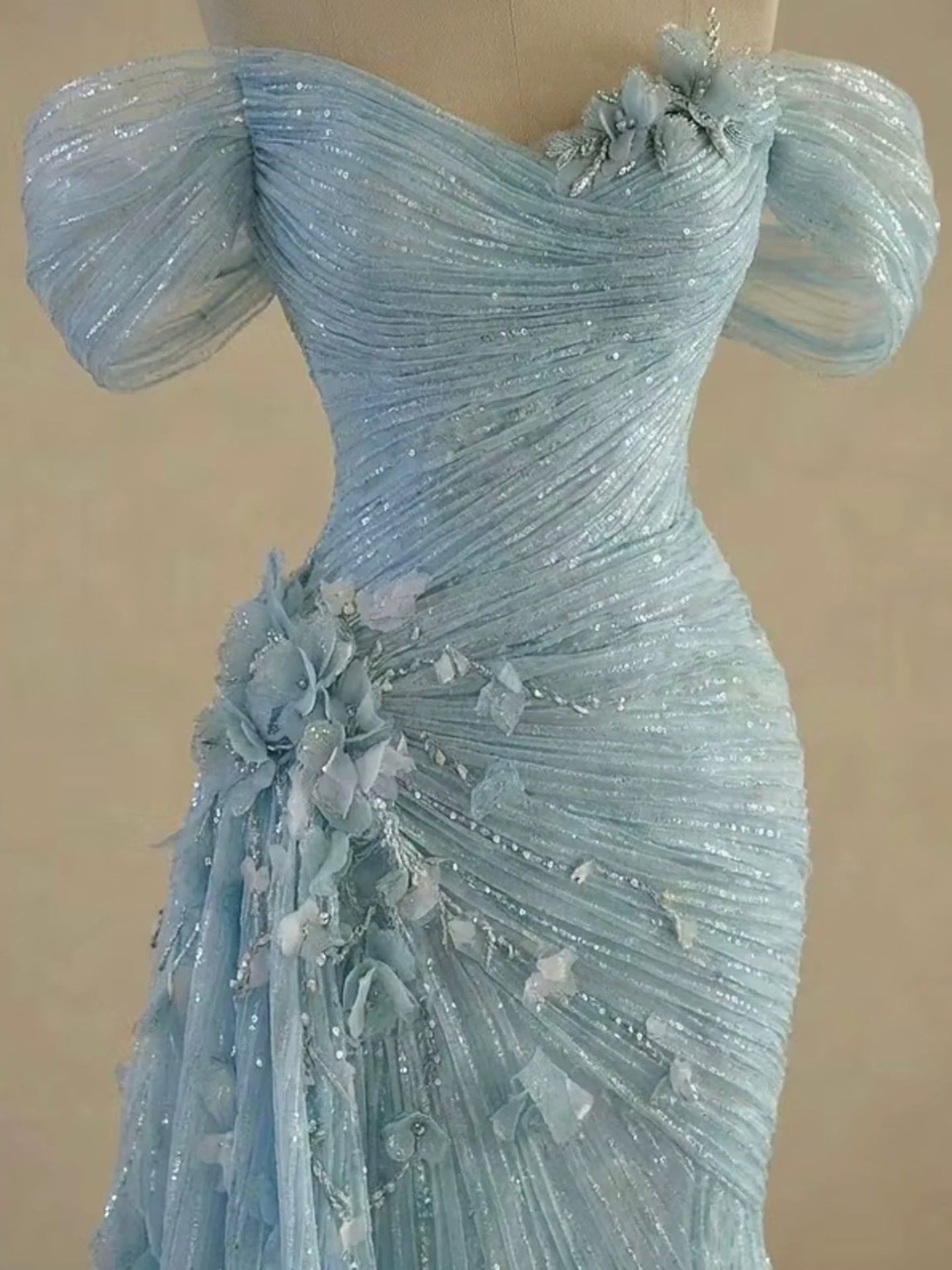 Luxury Light Blue Off The Shoulder 3D Floral Ruched Mermaid Dress LA73850 SERENE HILL