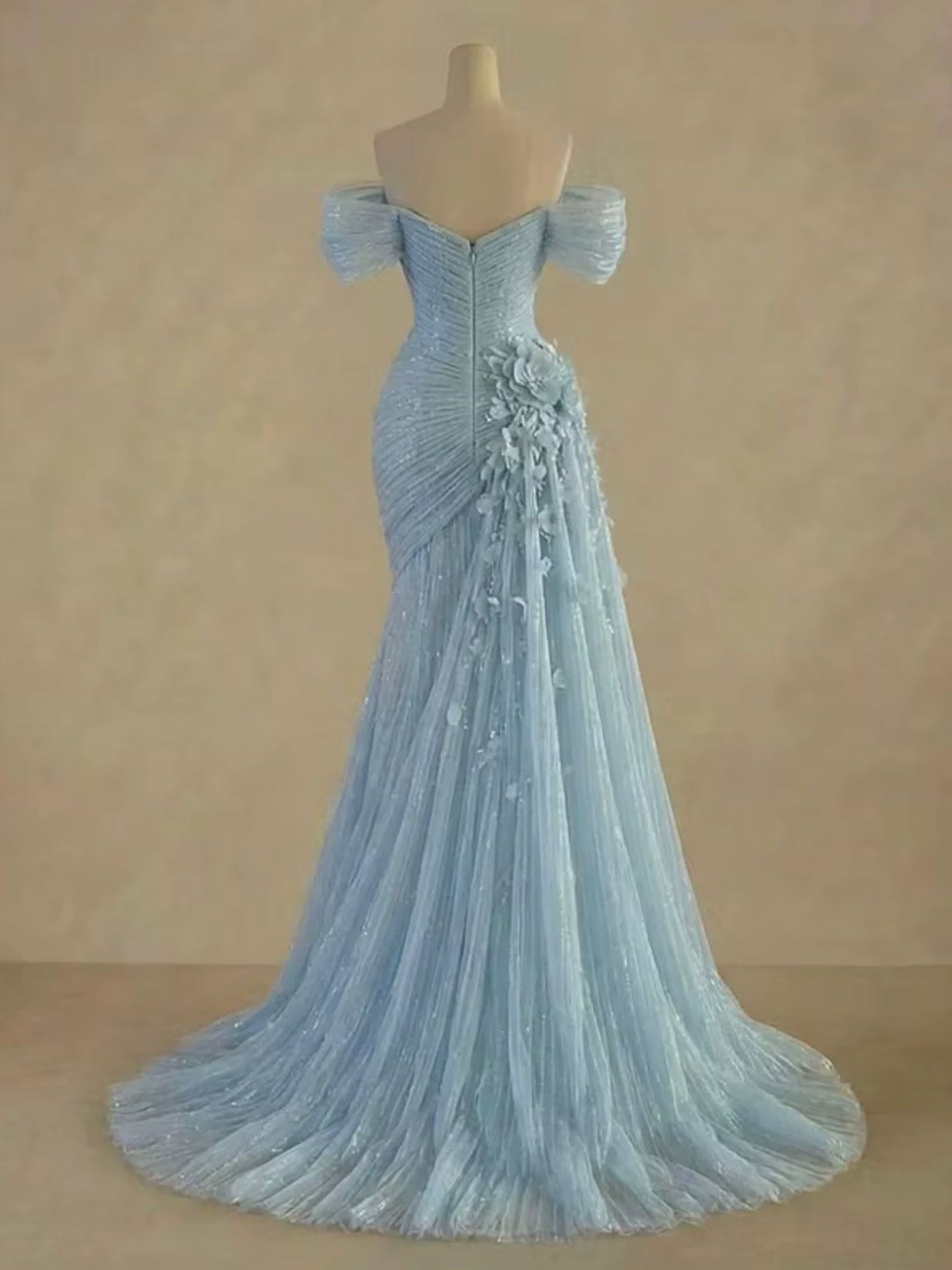 Luxury Light Blue Off The Shoulder 3D Floral Ruched Mermaid Dress LA73850 SERENE HILL