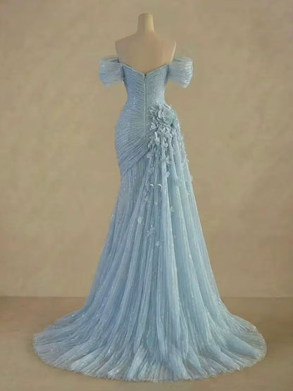 Luxury Light Blue Off The Shoulder 3D Floral Ruched Mermaid Dress LA73850 SERENE HILL