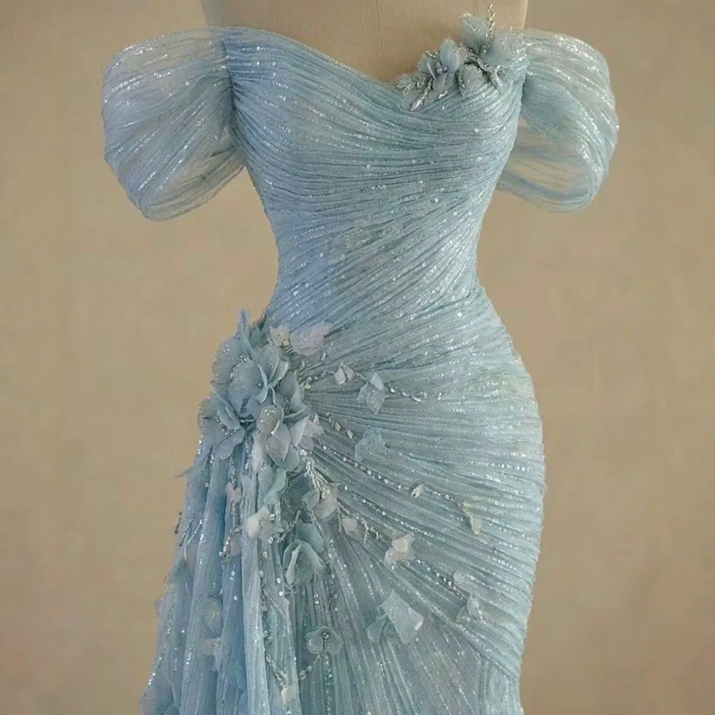 Luxury Light Blue Off The Shoulder 3D Floral Ruched Mermaid Dress LA73850 SERENE HILL