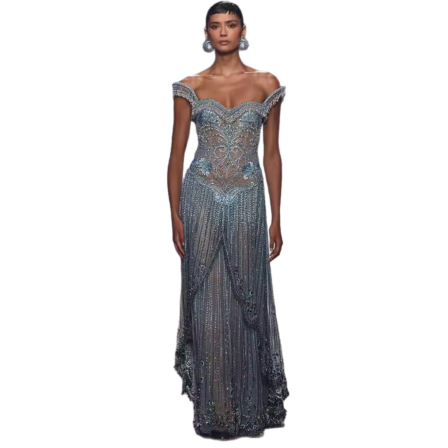 Luxury Blue Off Shoulder Tassel Beaded Arabic Evening Dress LA73851 SERENE HILL