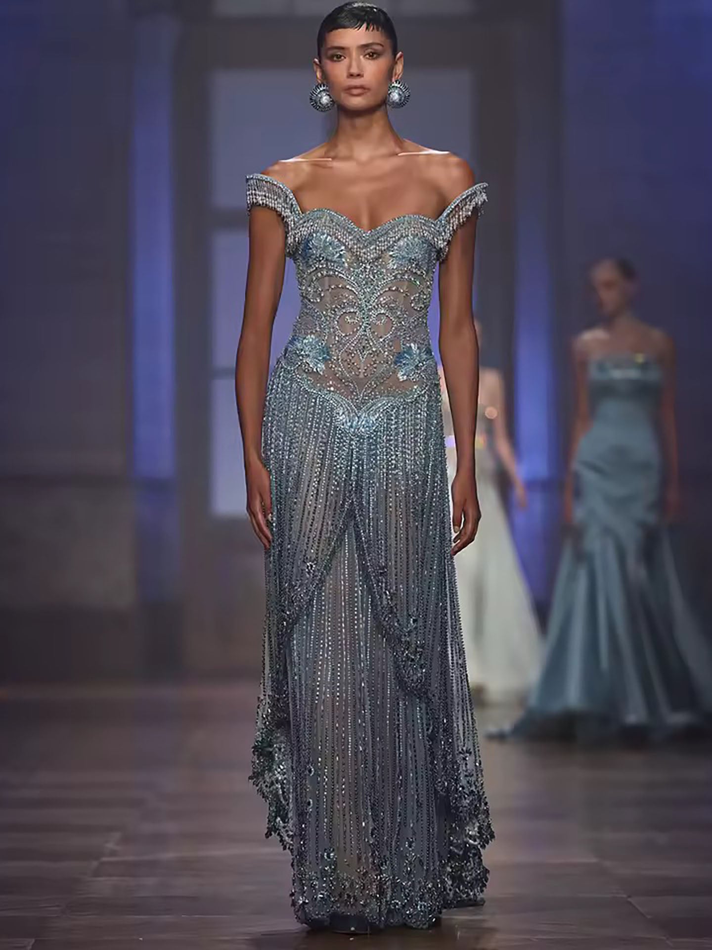 Luxury Blue Off Shoulder Tassel Beaded Arabic Evening Dress LA73851 SERENE HILL