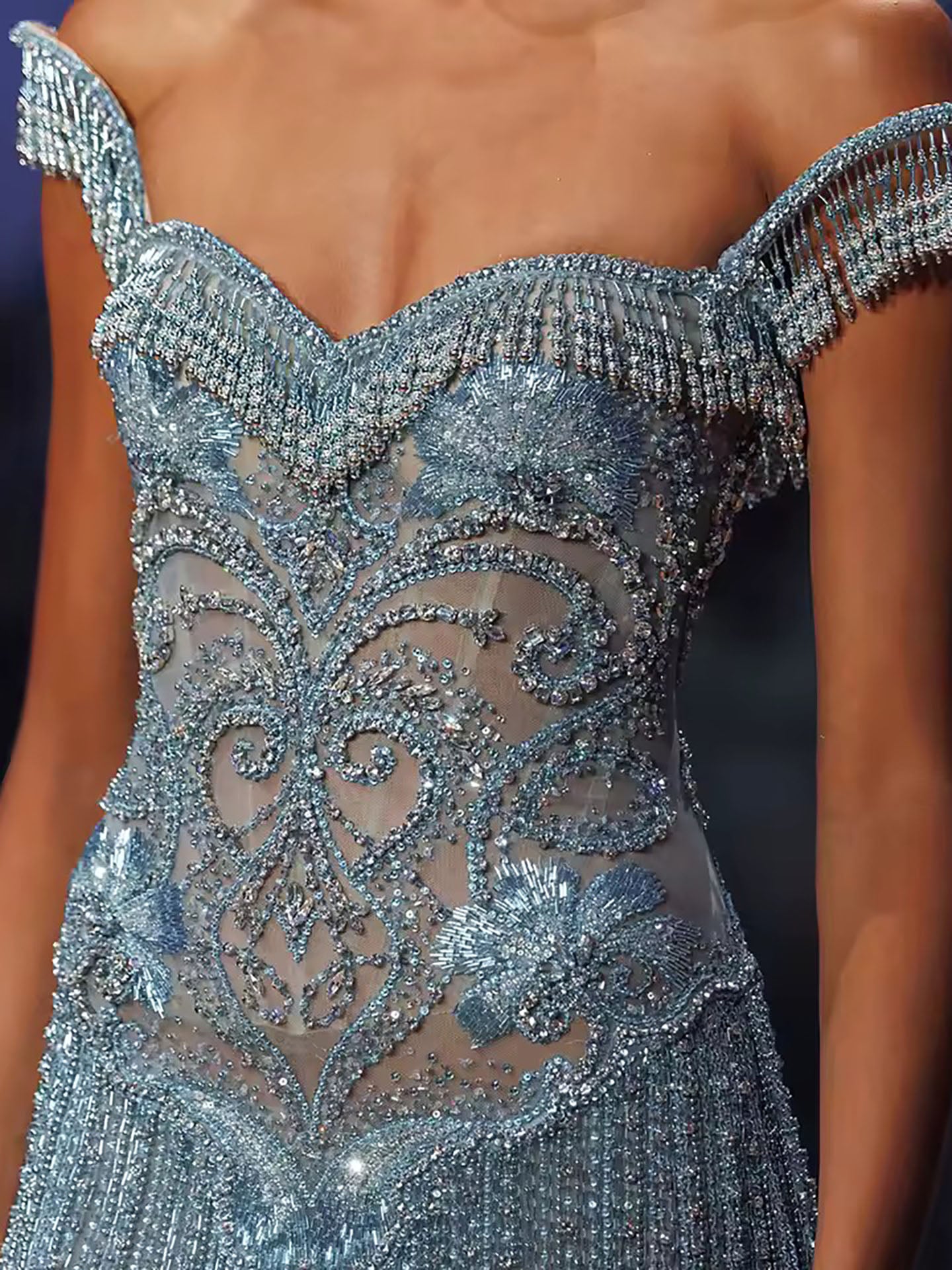 Luxury Blue Off Shoulder Tassel Beaded Arabic Evening Dress LA73851 SERENE HILL