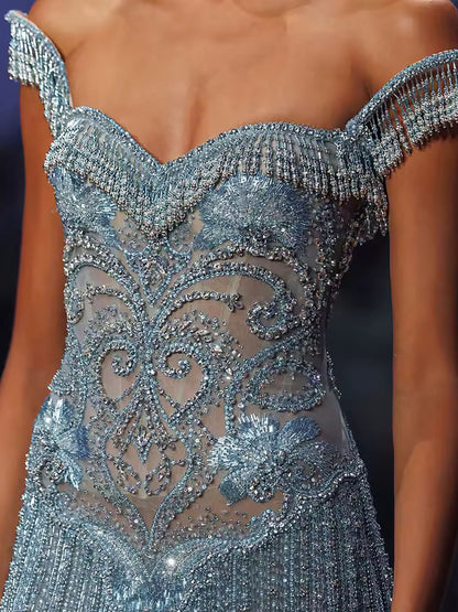 Luxury Blue Off Shoulder Tassel Beaded Arabic Evening Dress LA73851 SERENE HILL