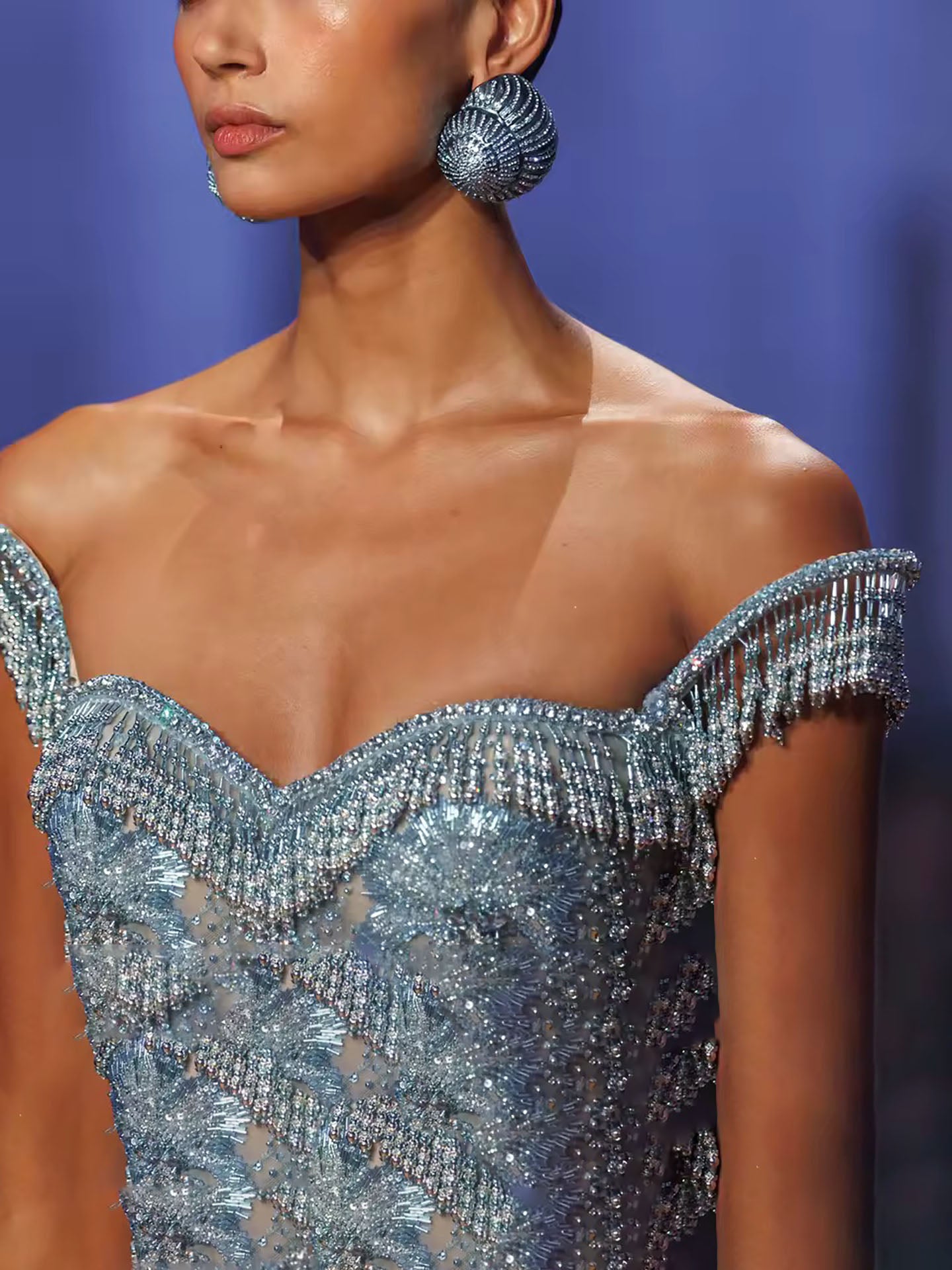 Luxury Blue Off Shoulder Tassel Beaded Arabic Evening Dress LA73851 SERENE HILL