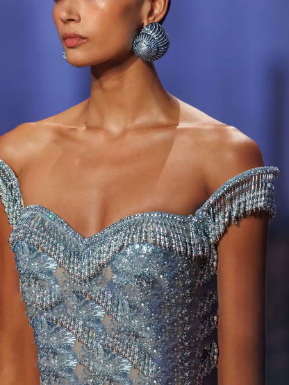 Luxury Blue Off Shoulder Tassel Beaded Arabic Evening Dress LA73851 SERENE HILL