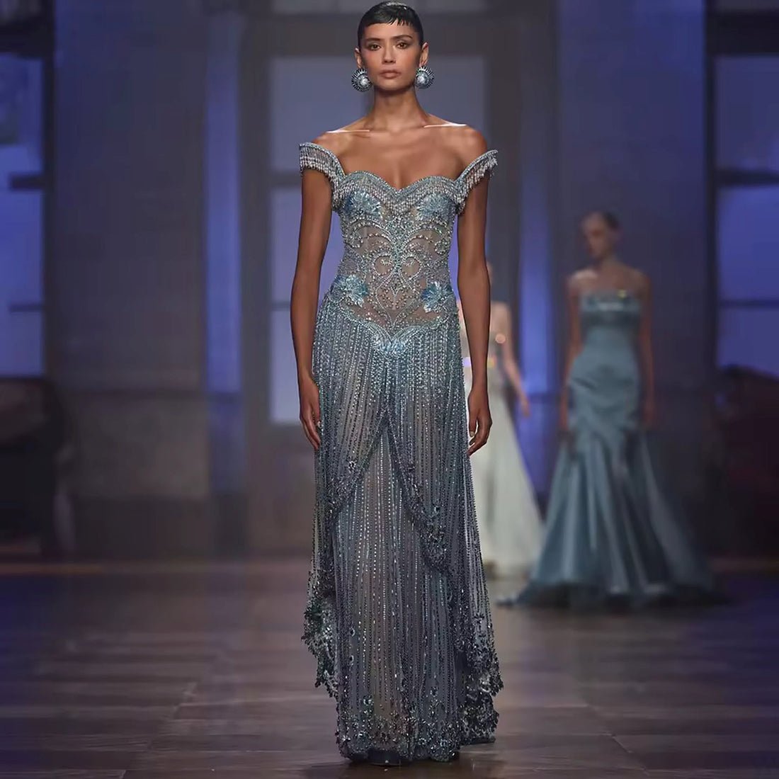Luxury Blue Off Shoulder Tassel Beaded Arabic Evening Dress LA73851 SERENE HILL