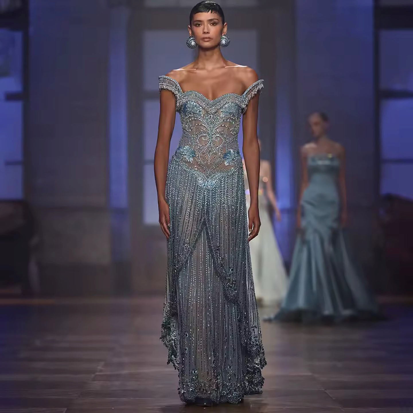 Luxury Blue Off Shoulder Tassel Beaded Arabic Evening Dress LA73851 SERENE HILL
