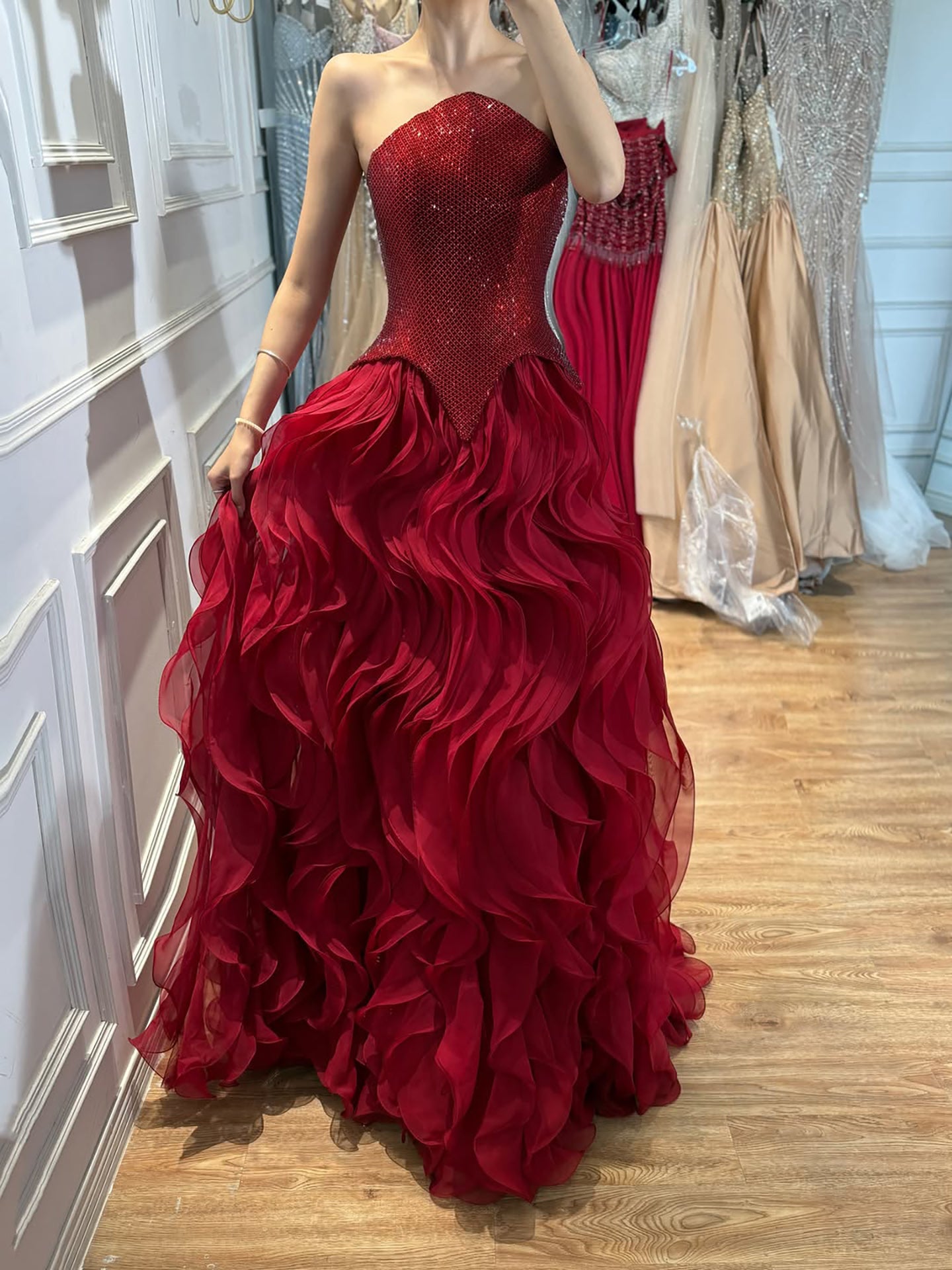 Luxury Wine Red Strapless Basque Shimmering Cascading Ruffle Dress LA73852