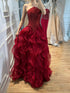 Luxury Wine Red Strapless Basque Shimmering Cascading Ruffle Dress LA73852 SERENE HILL