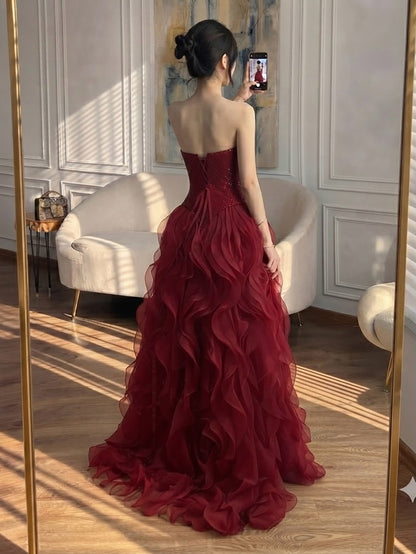 Luxury Wine Red Strapless Basque Shimmering Cascading Ruffle Dress LA73852 SERENE HILL