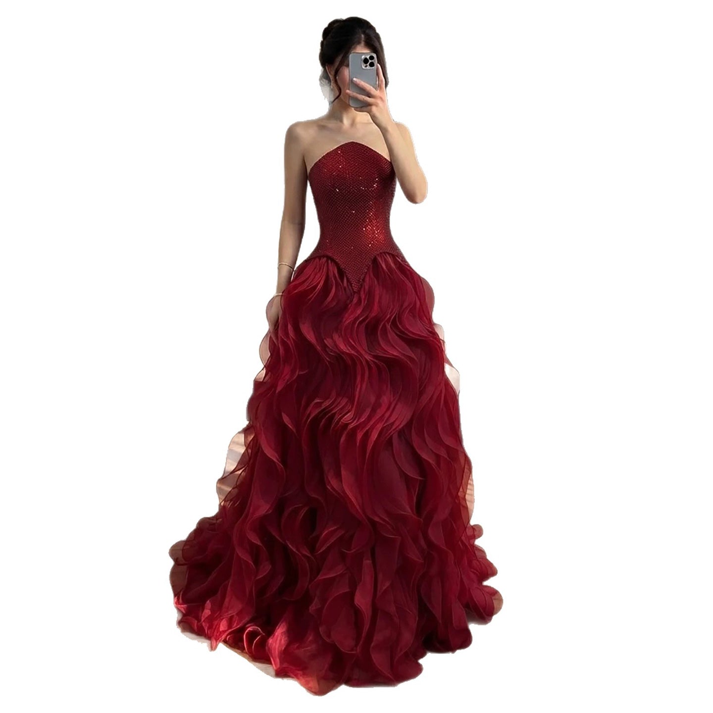 Luxury Wine Red Strapless Basque Shimmering Cascading Ruffle Dress LA73852 SERENE HILL