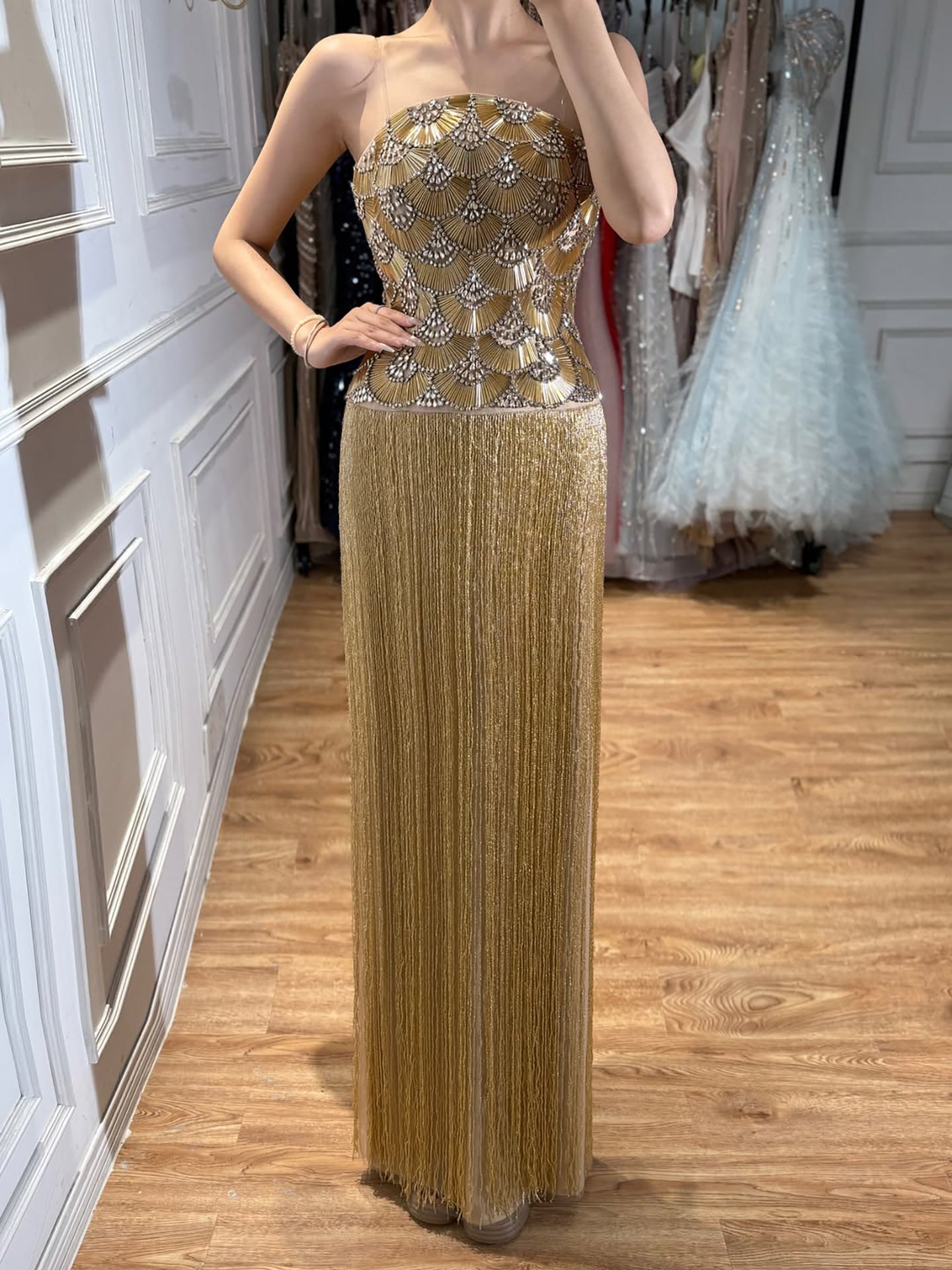 Luxury Gold Beaded Fringe Strapless Art Deco Dress LA73853 SERENE HILL