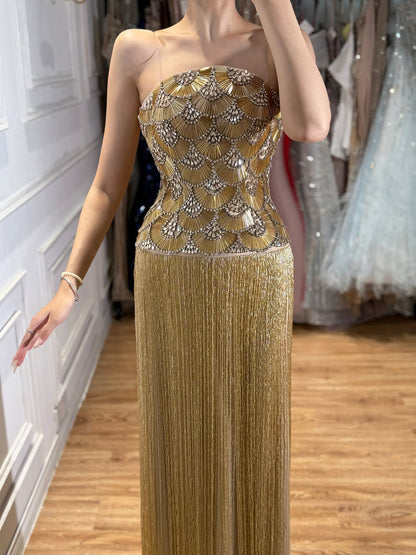 Luxury Gold Beaded Fringe Strapless Art Deco Dress LA73853 SERENE HILL