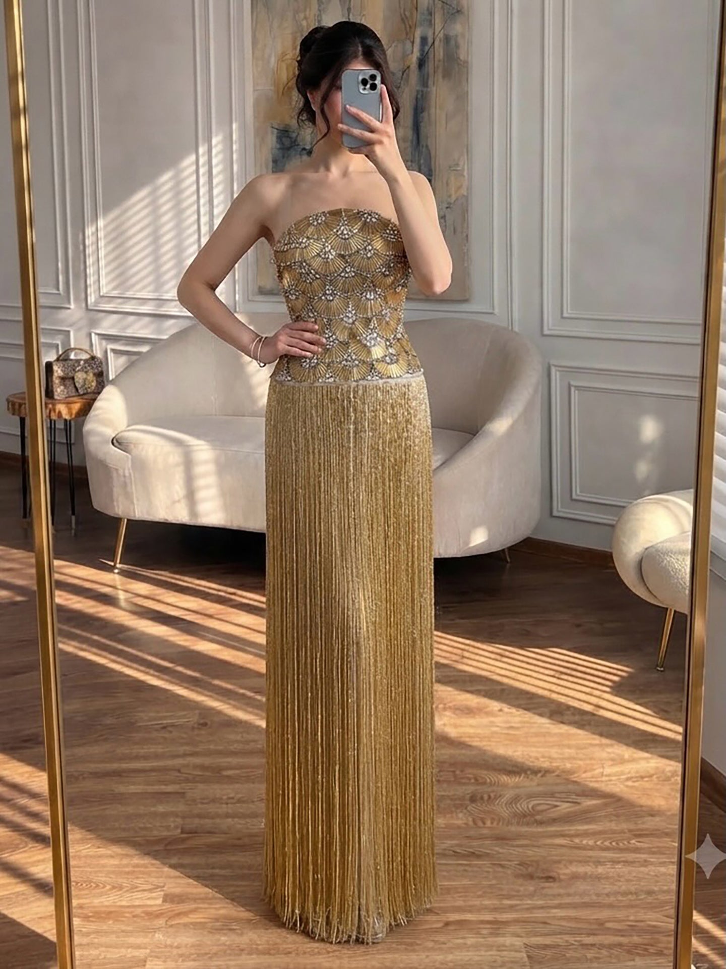 Luxury Gold Beaded Fringe Strapless Art Deco Dress LA73853 SERENE HILL