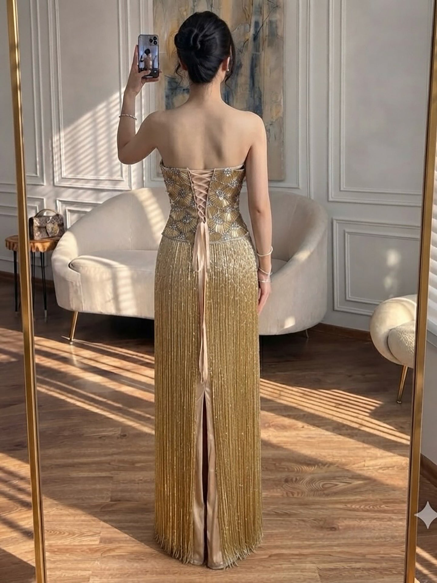 Luxury Gold Beaded Fringe Strapless Art Deco Dress LA73853 SERENE HILL