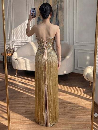 Luxury Gold Beaded Fringe Strapless Art Deco Dress LA73853 SERENE HILL