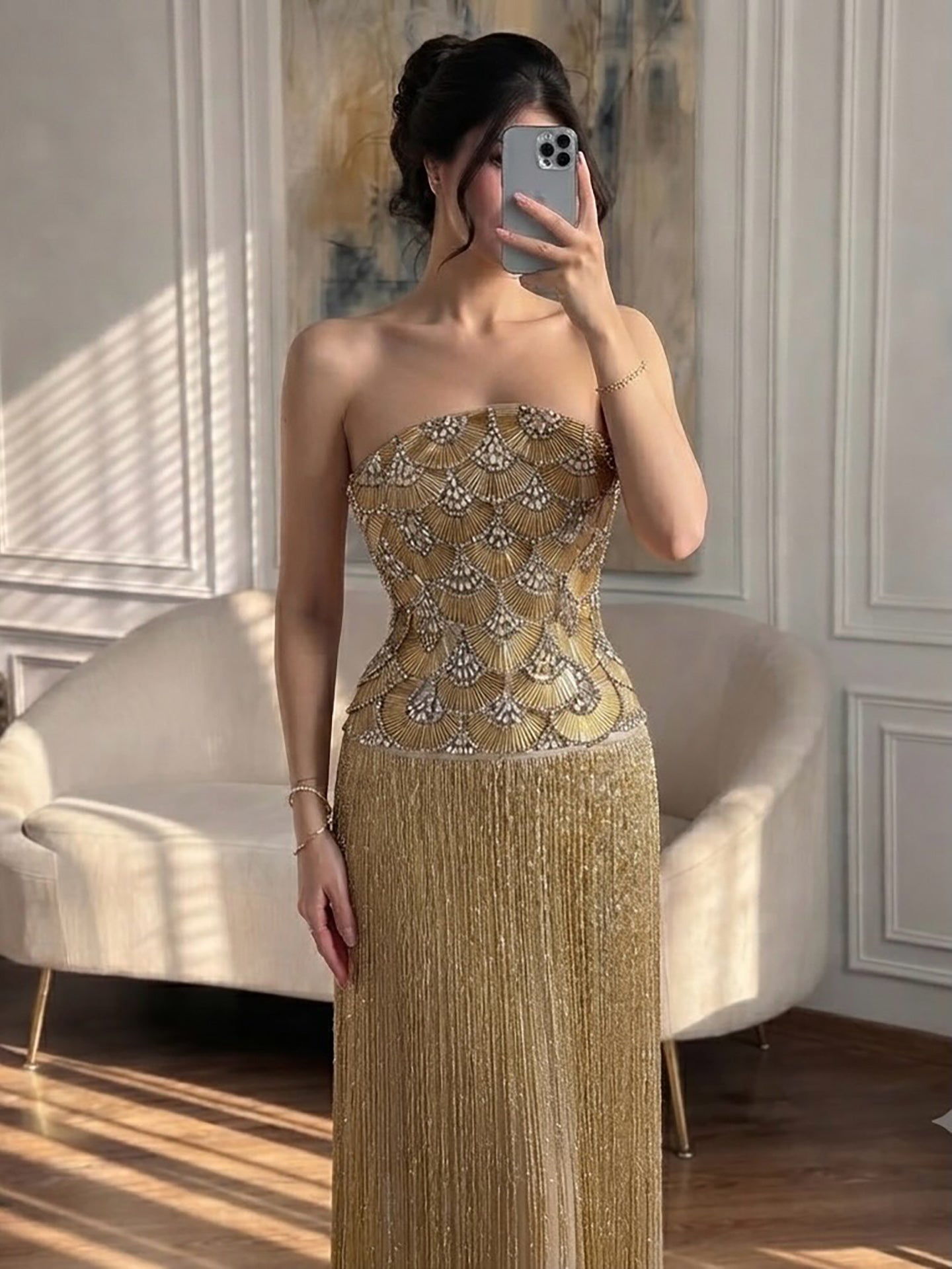 Luxury Gold Beaded Fringe Strapless Art Deco Dress LA73853 SERENE HILL