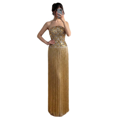 Luxury Gold Beaded Fringe Strapless Art Deco Dress LA73853 SERENE HILL