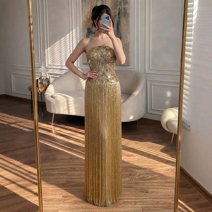 Luxury Gold Beaded Fringe Strapless Art Deco Dress LA73853 SERENE HILL