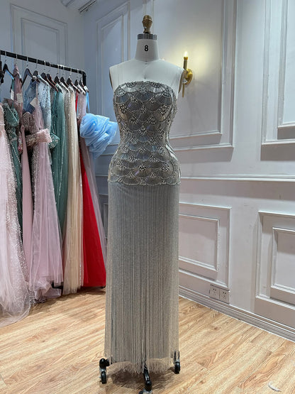 Luxury Gold Beaded Fringe Strapless Art Deco Dress LA73853
