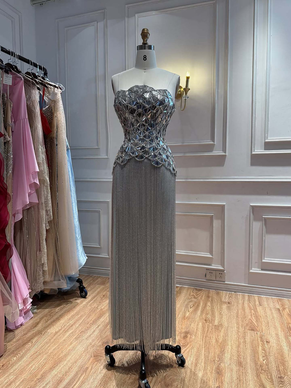 Luxury Silver Mirror Beaded Tassel Straight Evening Dress LA73853A