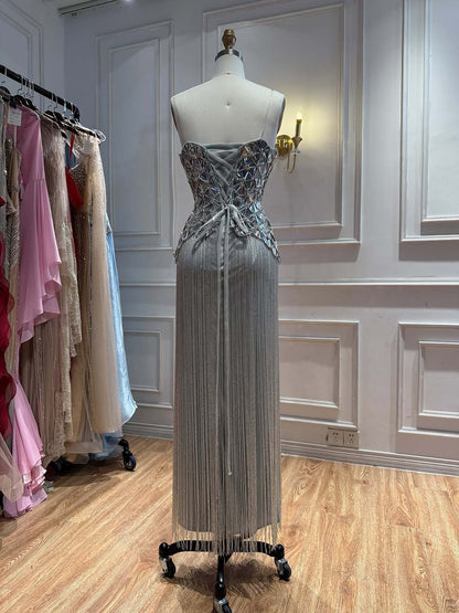 Luxury Silver Mirror Beaded Tassel Straight Evening Dress LA73853A