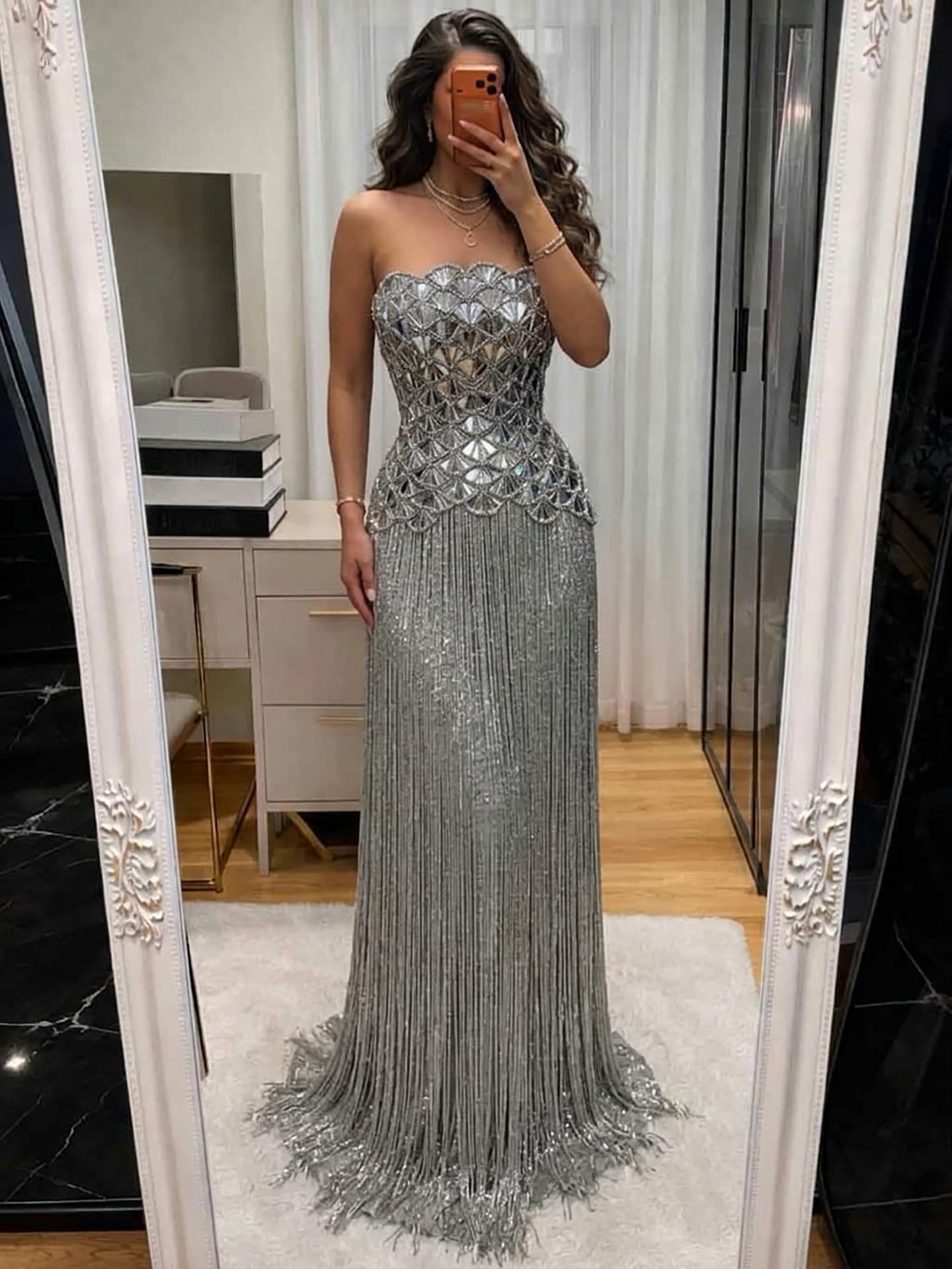 Luxury Silver Mirror Beaded Tassel Straight Evening Dress LA73853A