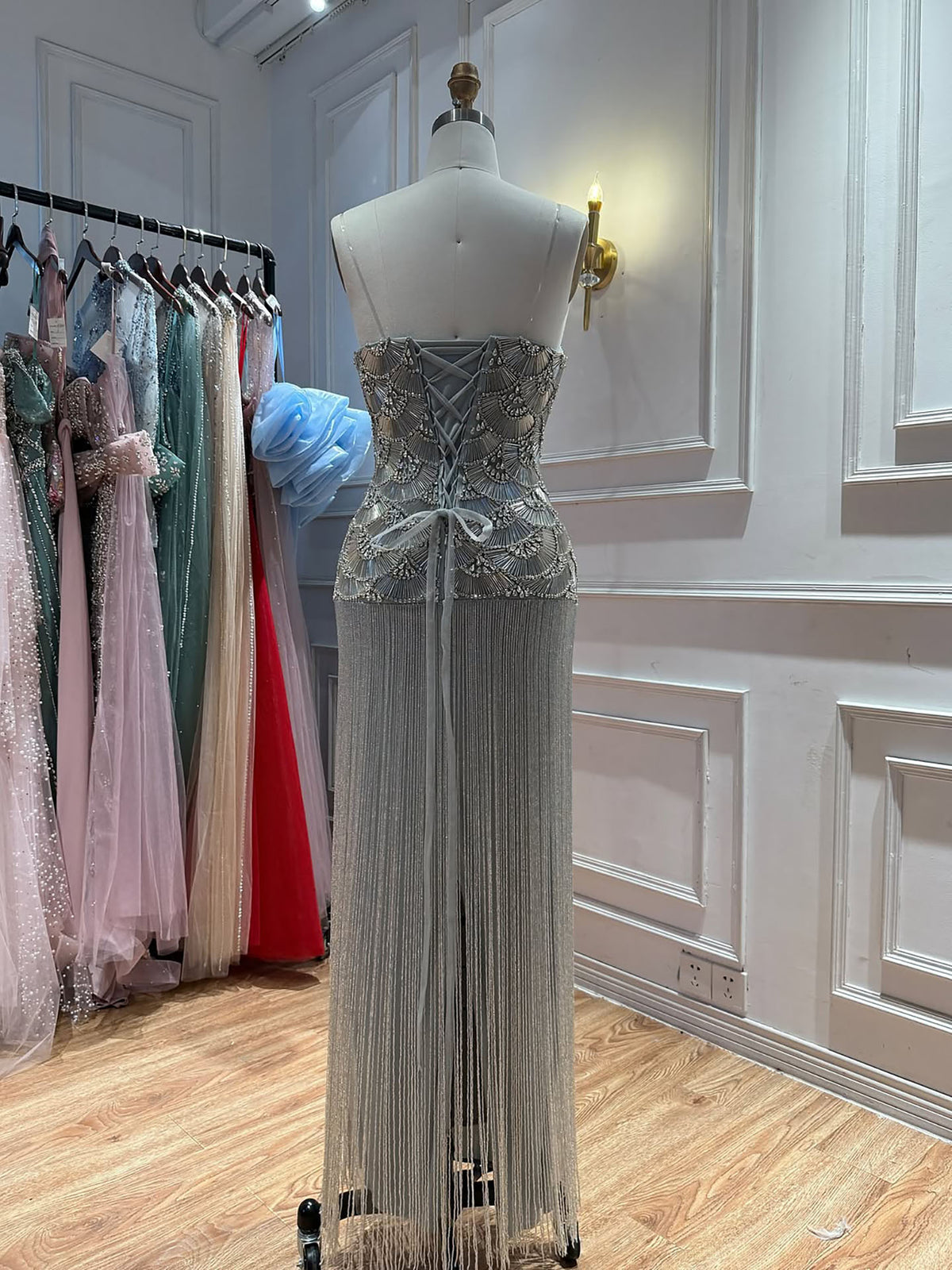 Luxury Gold Beaded Fringe Strapless Art Deco Dress LA73853