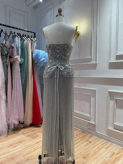 Luxury Gold Beaded Fringe Strapless Art Deco Dress LA73853