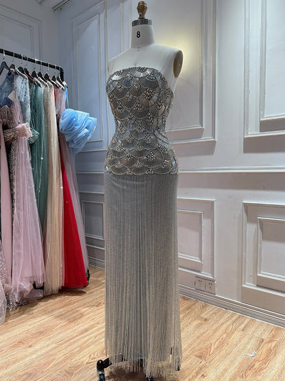 Luxury Gold Beaded Fringe Strapless Art Deco Dress LA73853