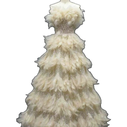 Luxury Beige Strapless Tiered Feather Sequin A Line Dress LA73854 SERENE HILL