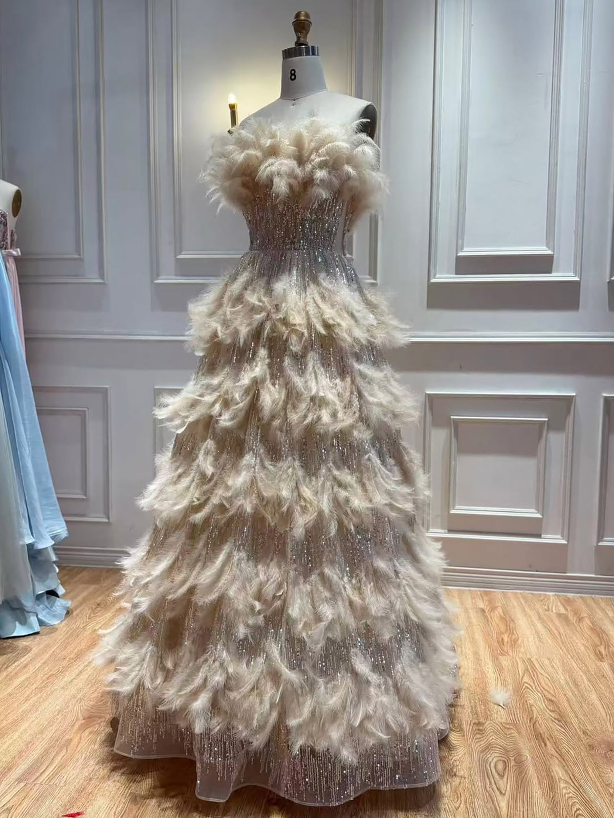 Luxury Beige Strapless Tiered Feather Sequin A Line Dress LA73854