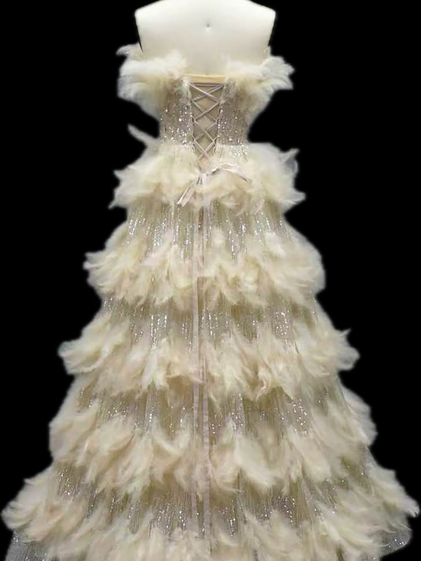 Luxury Beige Strapless Tiered Feather Sequin A Line Dress LA73854 SERENE HILL
