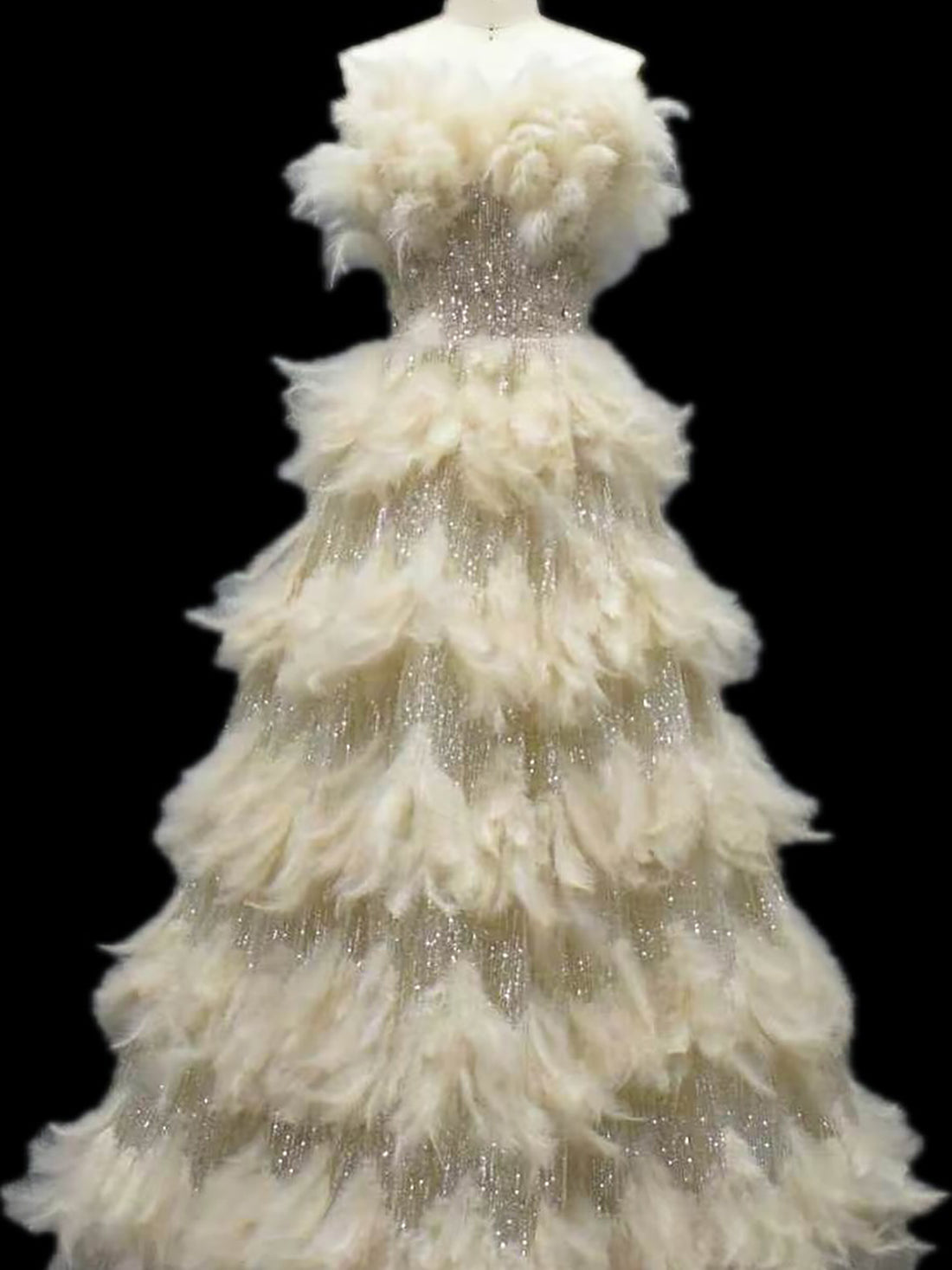 Luxury Beige Strapless Tiered Feather Sequin A Line Dress LA73854 SERENE HILL