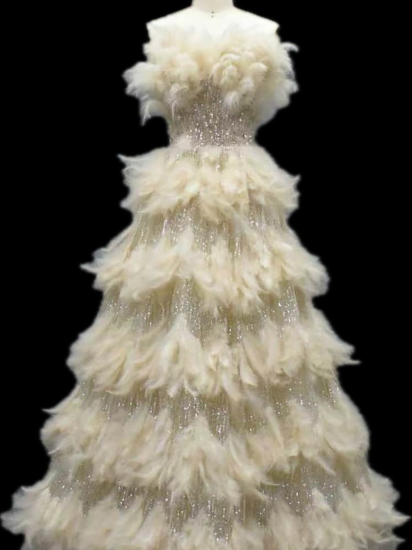 Luxury Beige Strapless Tiered Feather Sequin A Line Dress LA73854 SERENE HILL