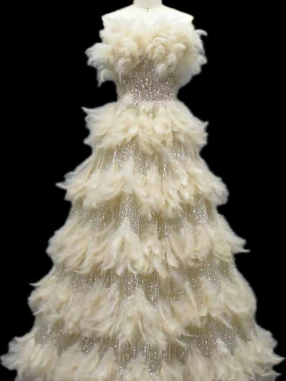Luxury Beige Strapless Tiered Feather Sequin A Line Dress LA73854 SERENE HILL